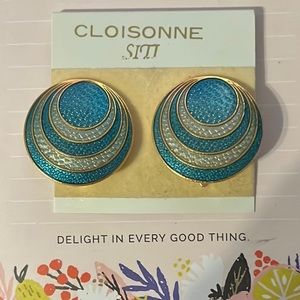 Vintage Enamel Cloisonné Circular Blue and Gold Tone Siti Clip On Earrings